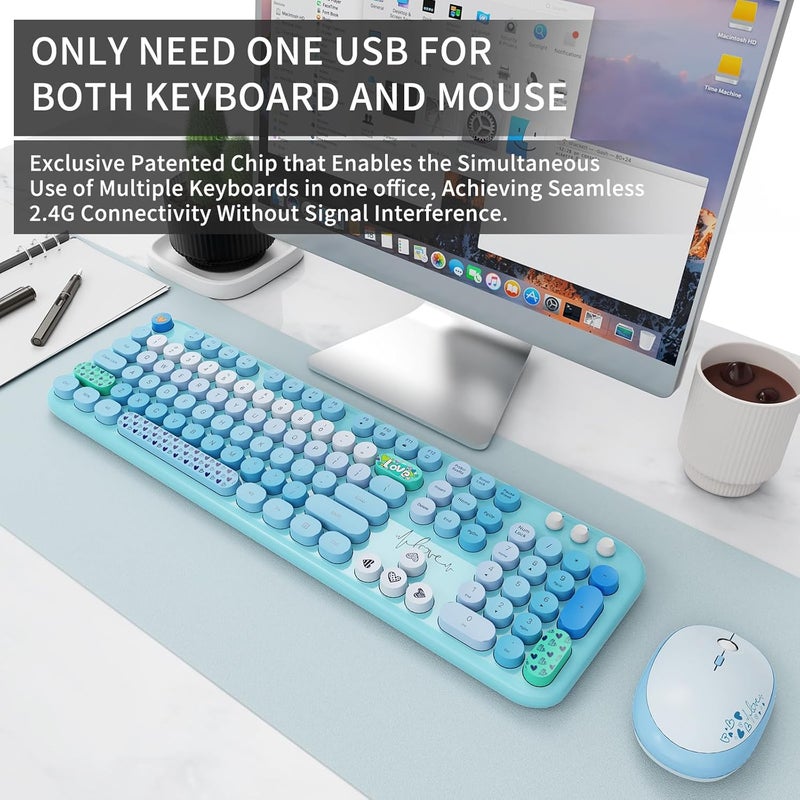 FOPETT Wireless Keyboard and Mouse Set, 104 Round Keys Full-Size Cute Colorful Keyboard and Mouse with Retro Typewriter for PC/Mac/Laptop/Tablet/Computer/Windows Blue - Image 2